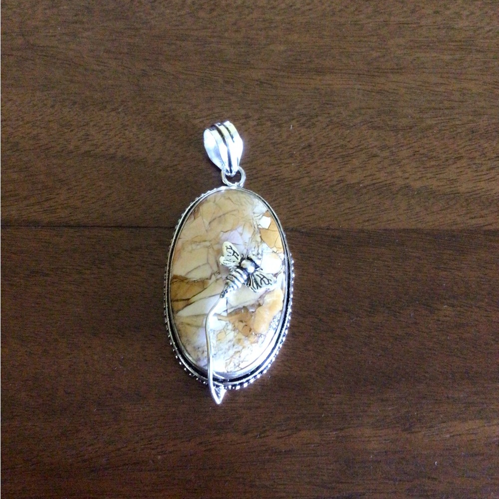 Sterling Silver Bee Accent Oval Jasper Pendant